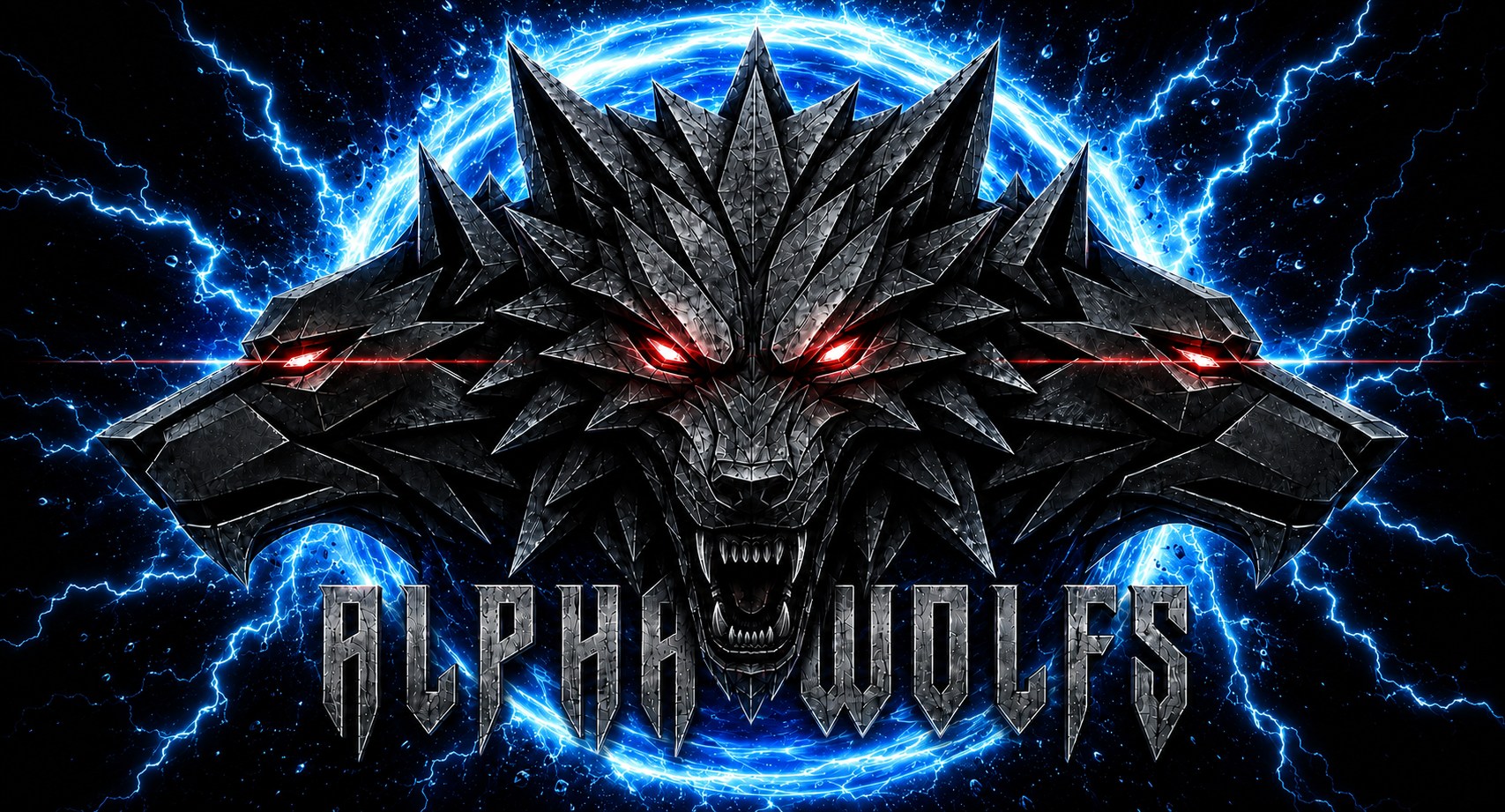 Эмблема ALPHA WOLFS — три стальных волка в кольце молний