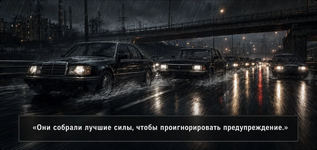 Ночная колонна автомобилей под дождём