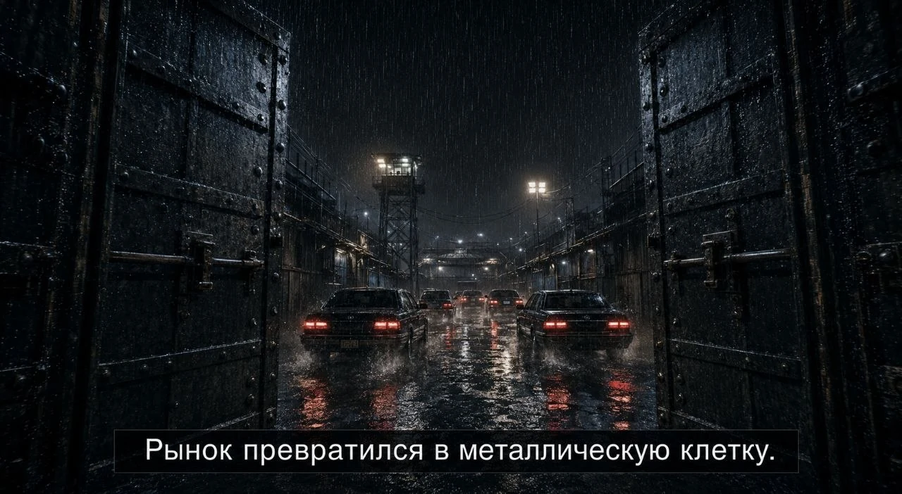 Металлические ворота закрываются за колонной автомобилей