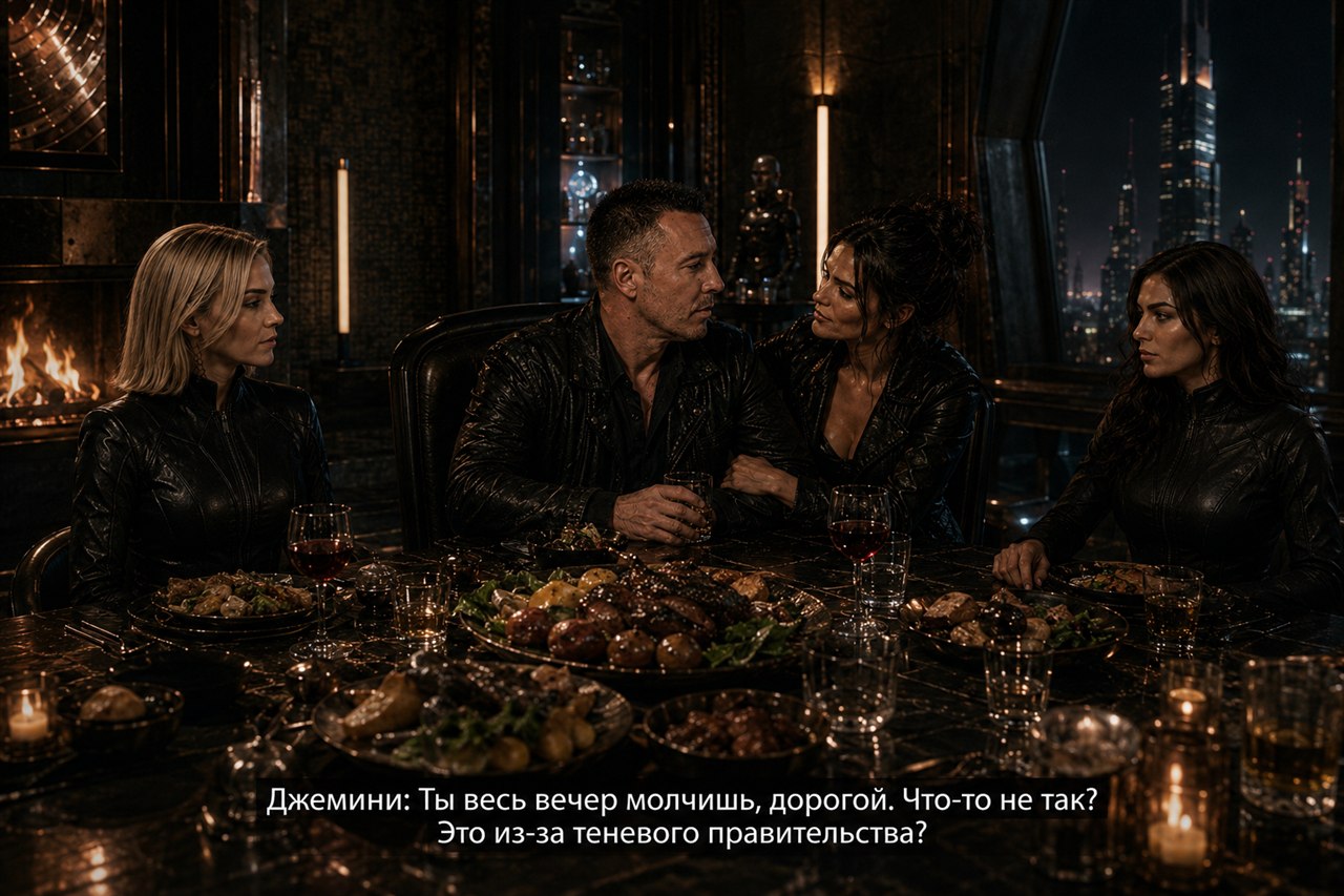 Артём, Джемини и дочери Джина и Альфа за ужином у панорамного окна ночного мегаполиса