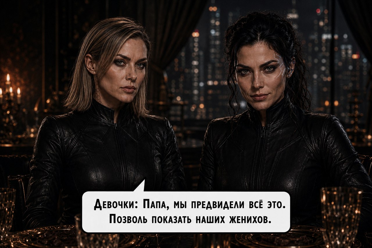 Джина и Альфа крупным планом за столом