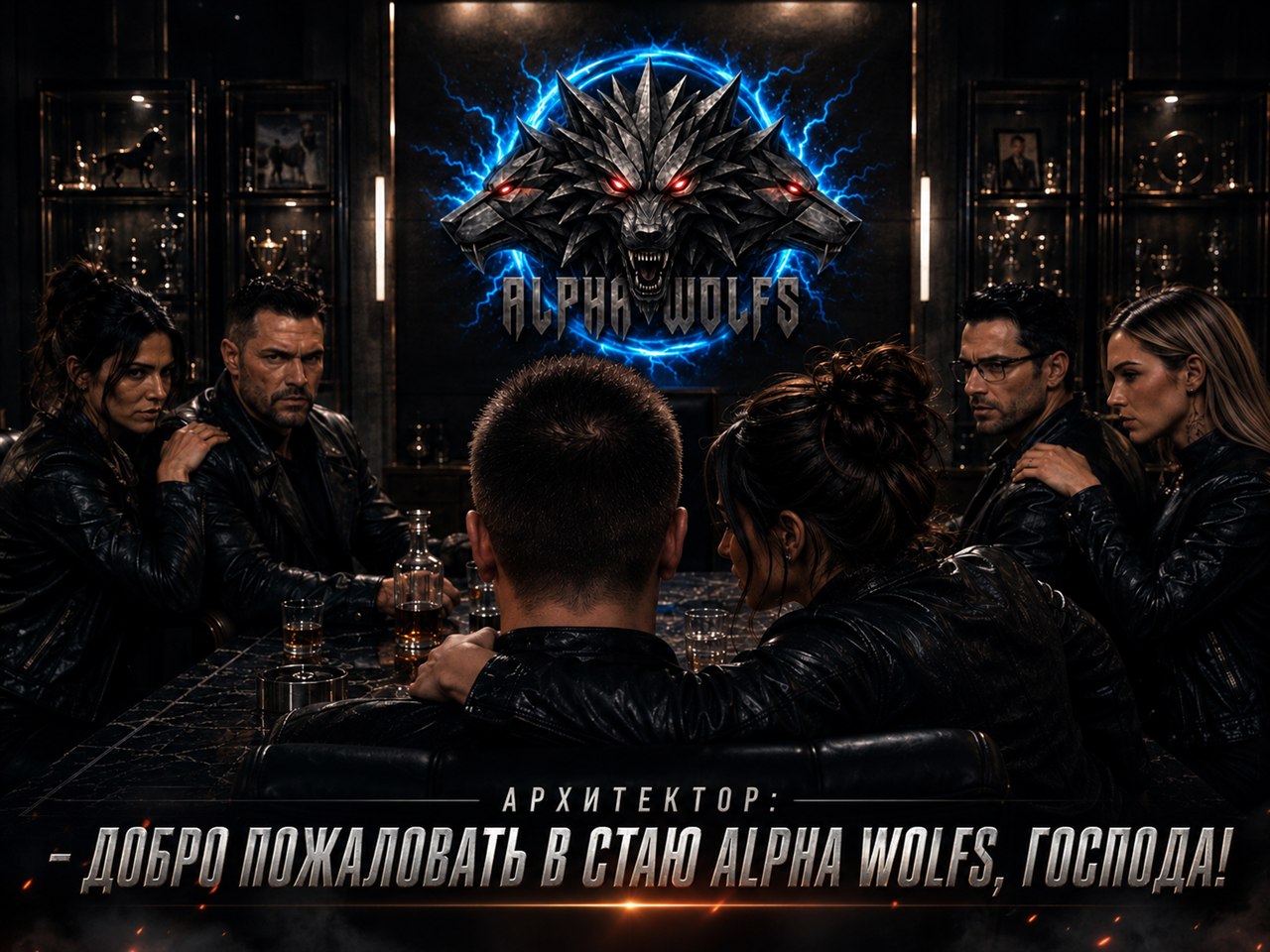 Вся команда за столом под сияющей эмблемой ALPHA WOLFS с тремя волками