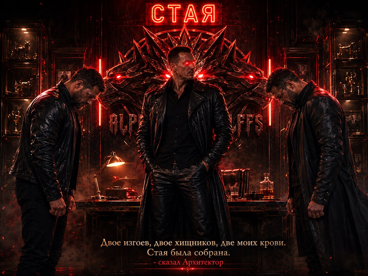 Архитектор на фоне трона-эмблемы «СТАЯ», Пират и Умник склонили головы по бокам