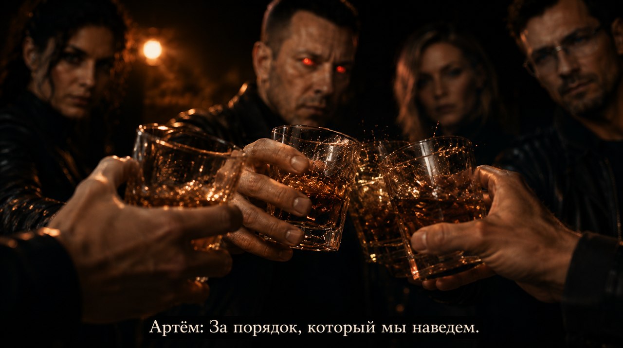 Руки Стаи чокаются бокалами виски, красные глаза Артёма