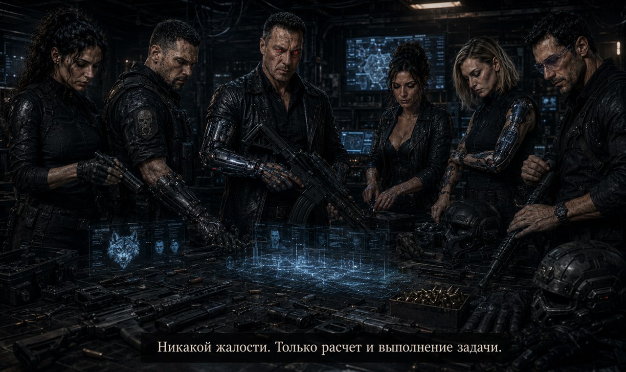 Стая в арсенале с кибернетическими руками и оружием, голограммы волков