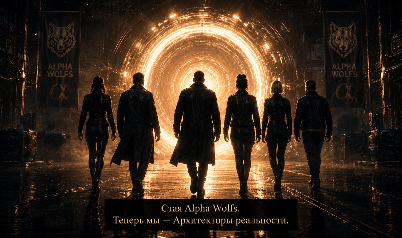Шестеро Alpha Wolfs уходят в золотое сияние портала, флаги ALPHA WOLFS по бокам
