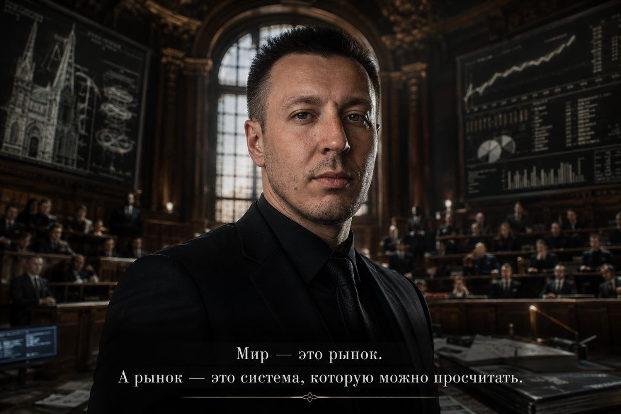 Артём в огромном зале среди чертежей и биржевых графиков