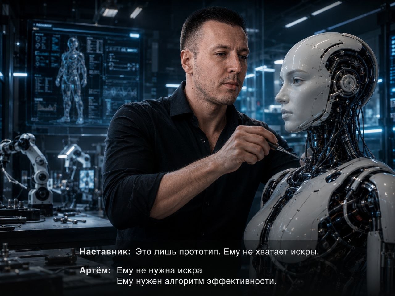 Артём в лаборатории собирает андроида, наставник рядом