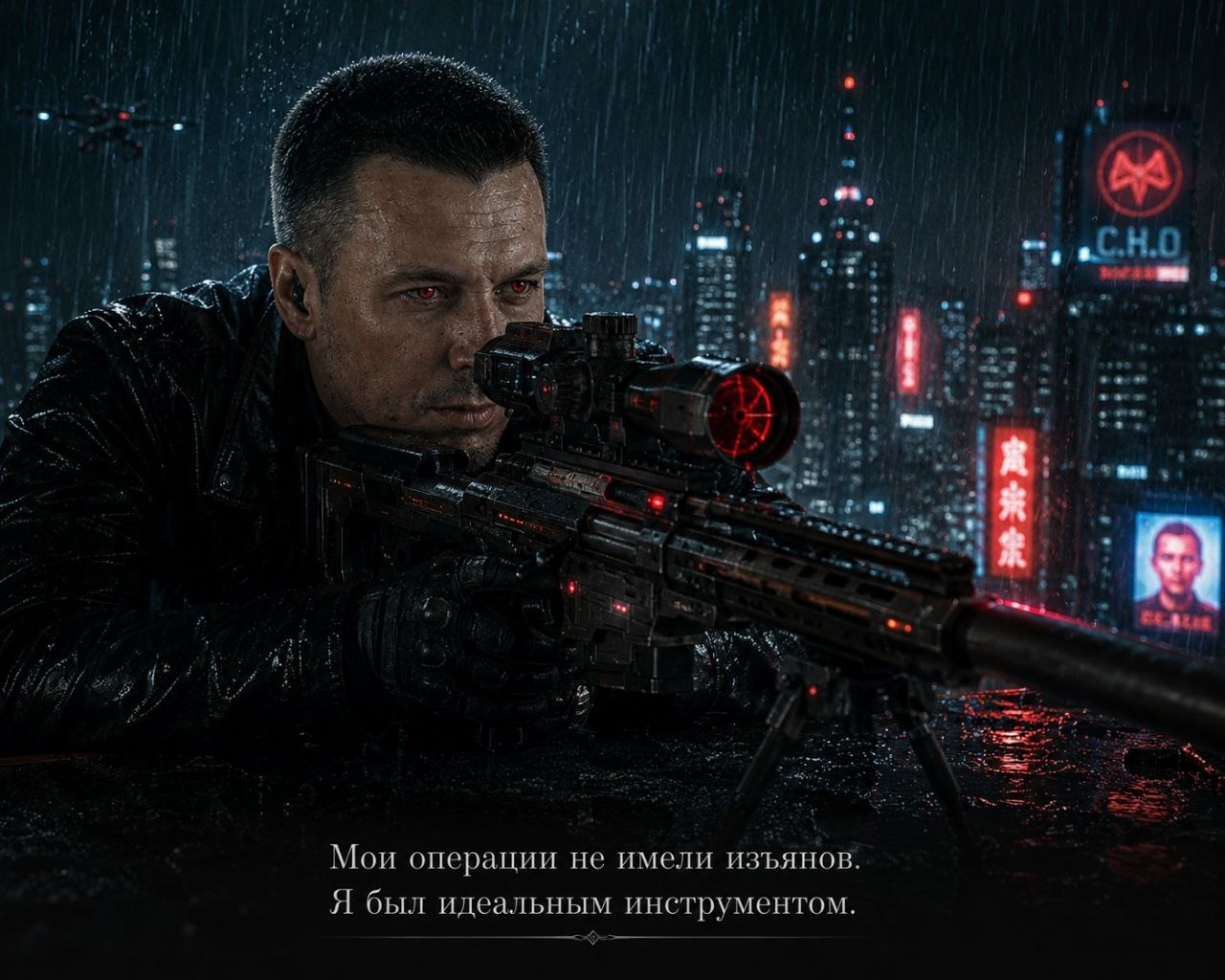 Артём-снайпер на крыше ночного города под дождём