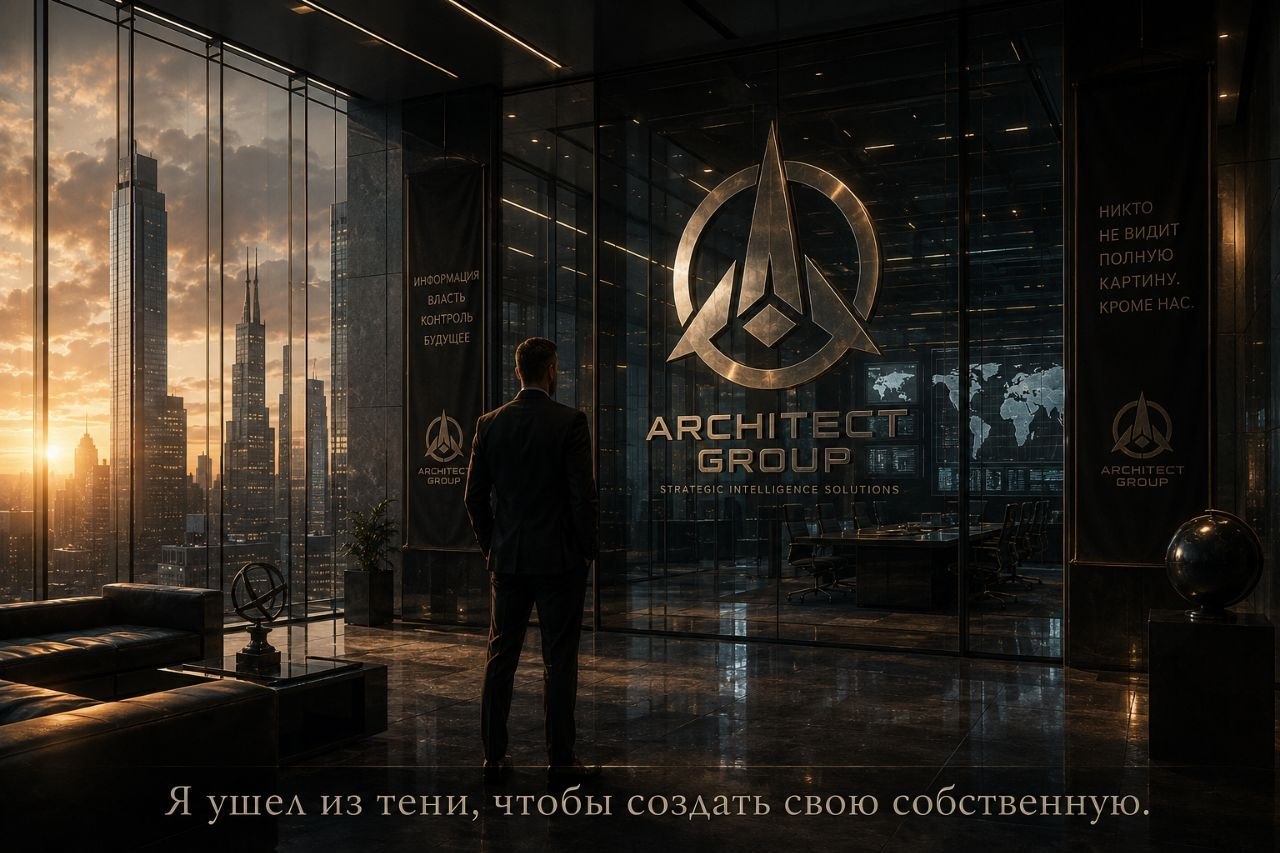 Артём в штаб-квартире ARCHITECT GROUP на фоне рассвета над мегаполисом