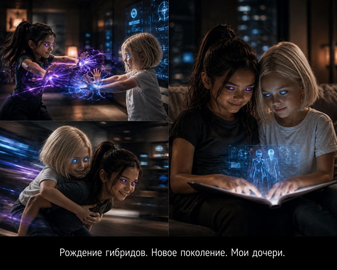 Две маленькие девочки с светящимися глазами играют с энергией и голограммами