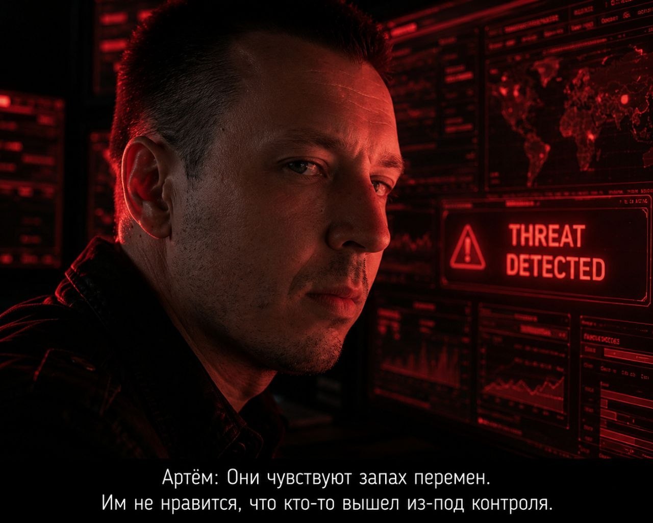 Артём у красных экранов с надписью THREAT DETECTED