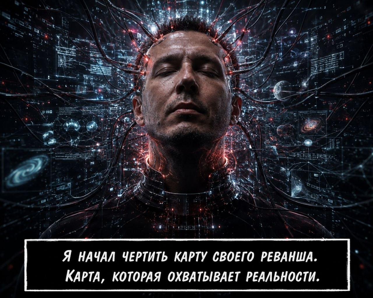 Артём с нейроинтерфейсом, вокруг сеть галактик и данных