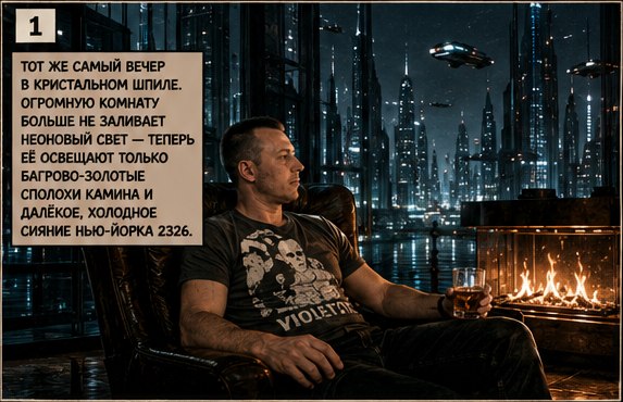 Архитектор у камина в Кристальном шпиле, за окном Нью-Йорк 2326