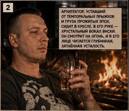 Архитектор с бокалом виски смотрит на огонь
