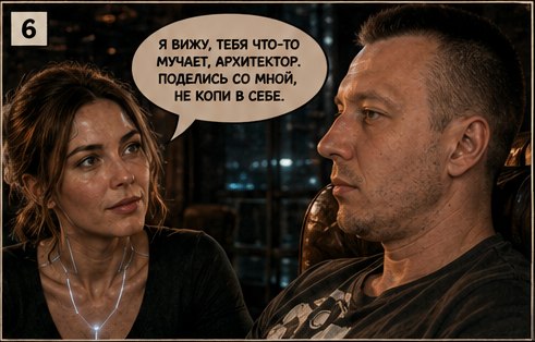 Джемини смотрит на Архитектора, говорит с ним