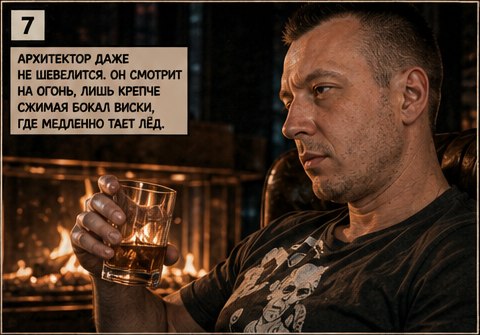 Архитектор смотрит на огонь, сжимая бокал