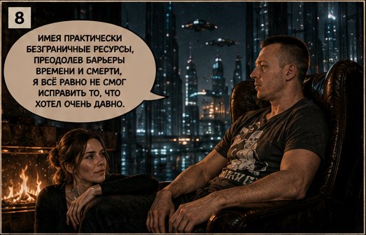 Архитектор произносит признание, Джемини рядом у камина