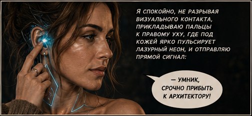 Джемини прикладывает пальцы к уху, посылая сигнал Умнику