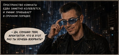 Умник прибывает, поправляя высокотехнологичные очки