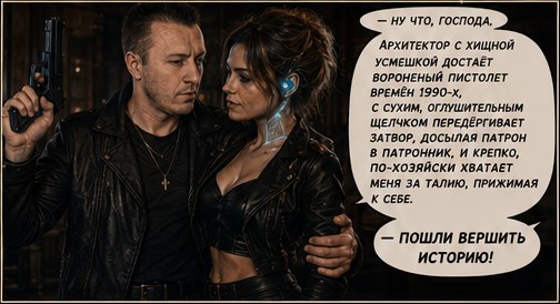 Архитектор с пистолетом обнимает Джемини перед прыжком