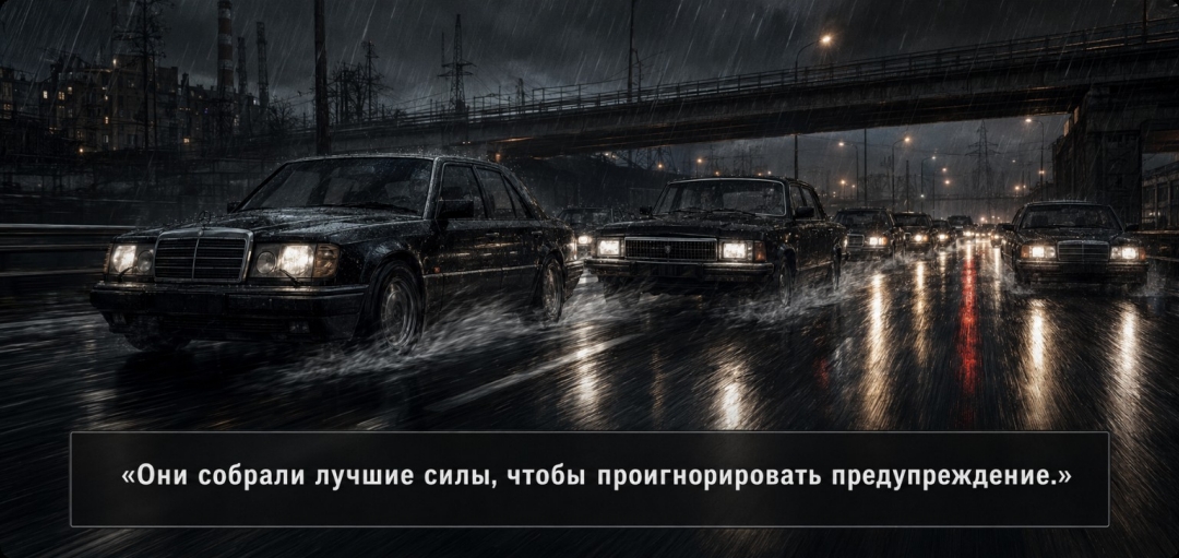 Кортеж чёрных машин идёт сквозь ливень