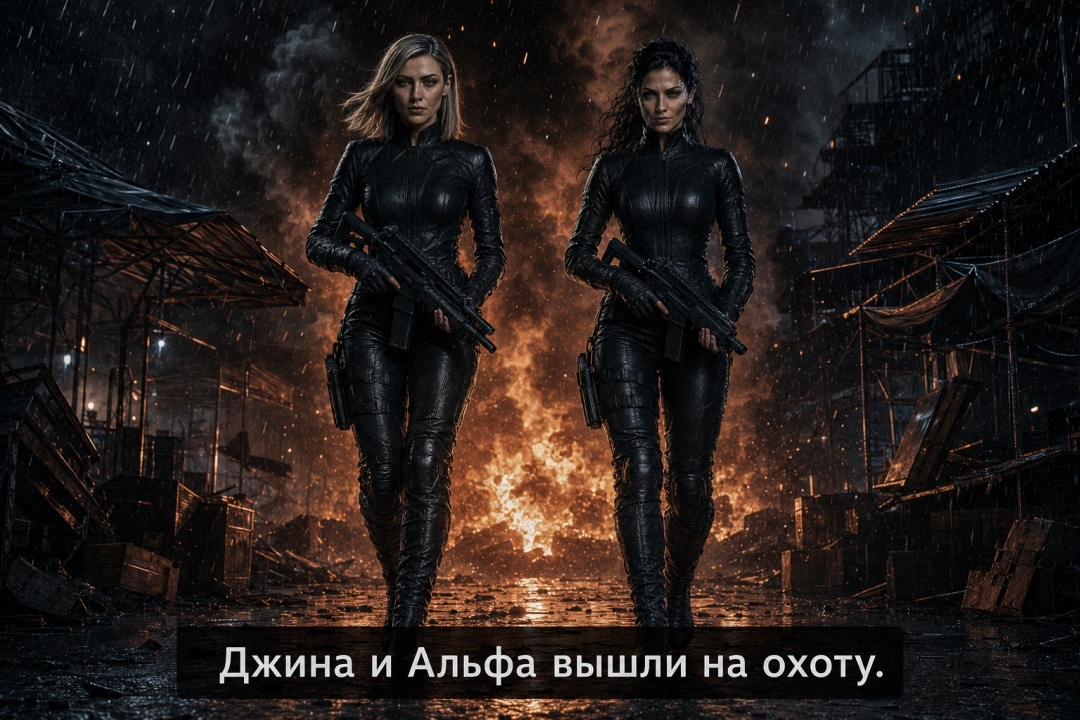 Джина и Альфа выходят из огня с оружием