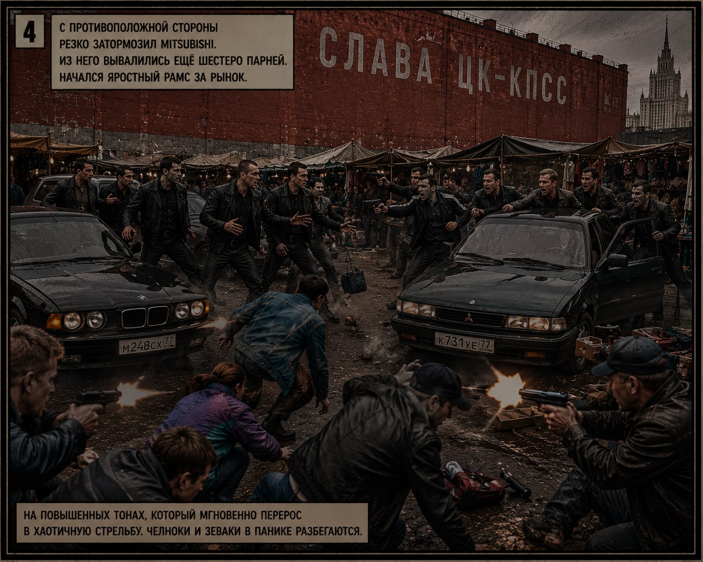 Митсубиси, шестеро парней, яростный рамс перерос в стрельбу