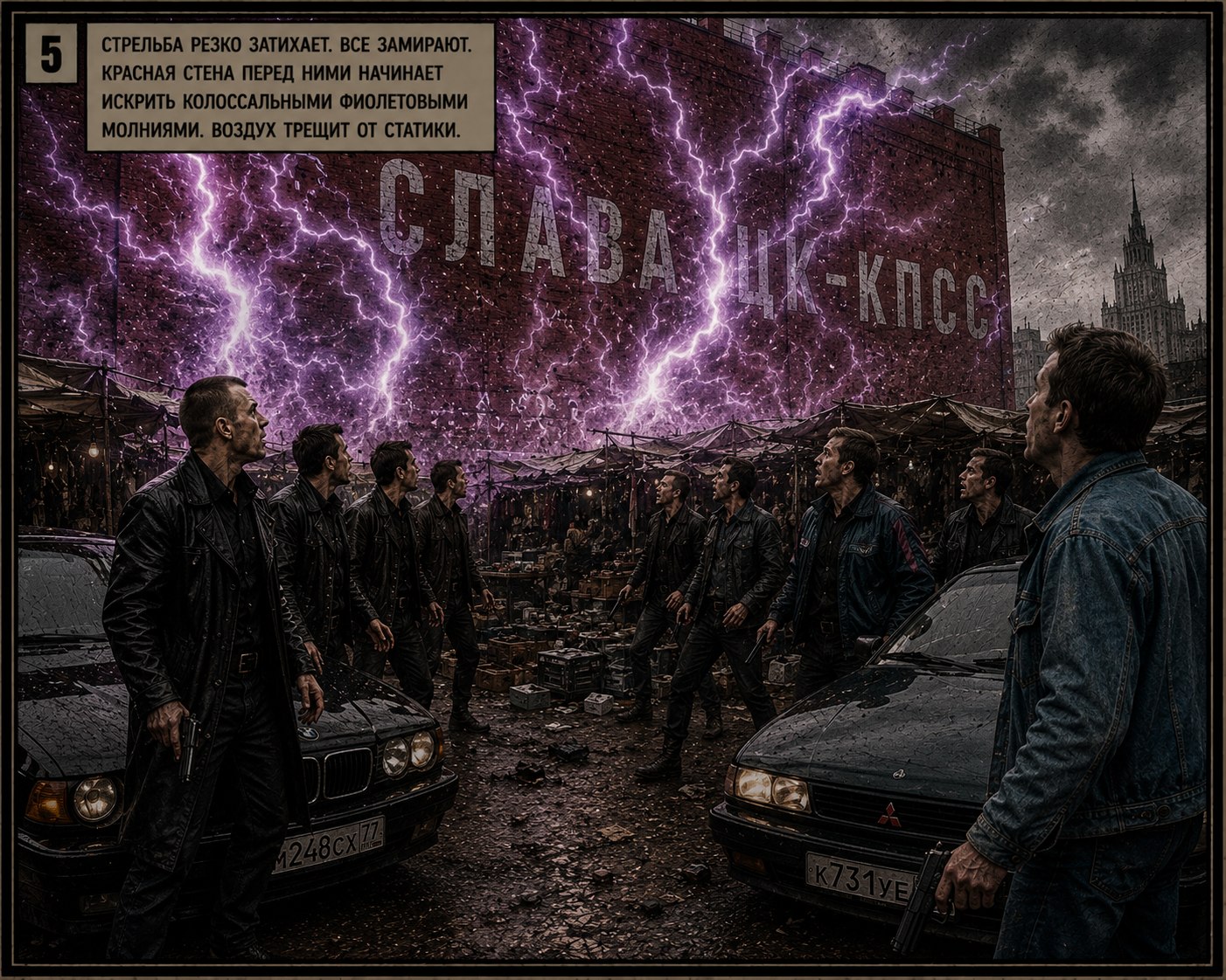 Красная стена искрится колоссальными фиолетовыми молниями