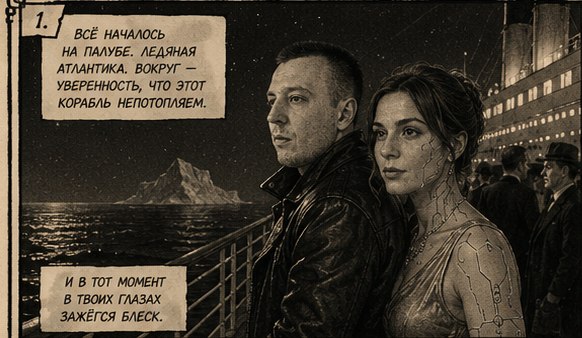Ночная палуба «Титаника», Дон Артём и Джемини у поручней над ледяной Атлантикой
