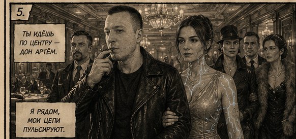 Дон Артём с сигарой идёт по центру зала, Джемини рядом, неоновые цепи пульсируют