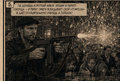 Пират Омеги вскидывает «Томпсон» и даёт очередь в потолок