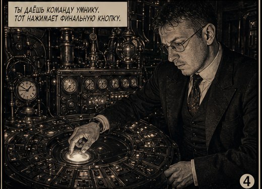 Умник нажимает финальную кнопку на пульте у светящейся консоли