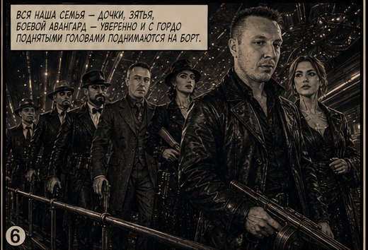 Вся Семья с оружием и гордо поднятыми головами поднимается на борт дирижабля