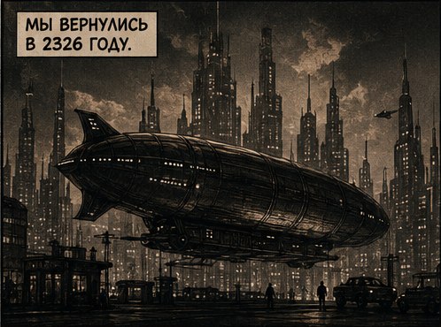 Дирижабль Консорциума над футуристическим мегаполисом 2326 года