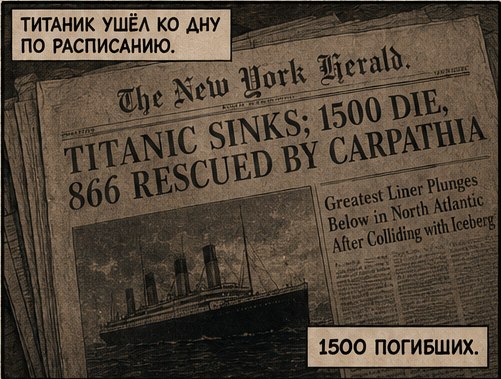 Первая полоса The New York Herald: TITANIC SINKS; 1500 DIE, 866 RESCUED BY CARPATHIA