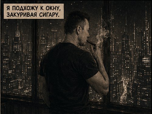 Дон Артём у панорамного окна закуривает сигару, глядя на ночной город будущего