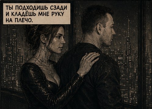 Джемини кладёт руку на плечо Дона Артёма у окна